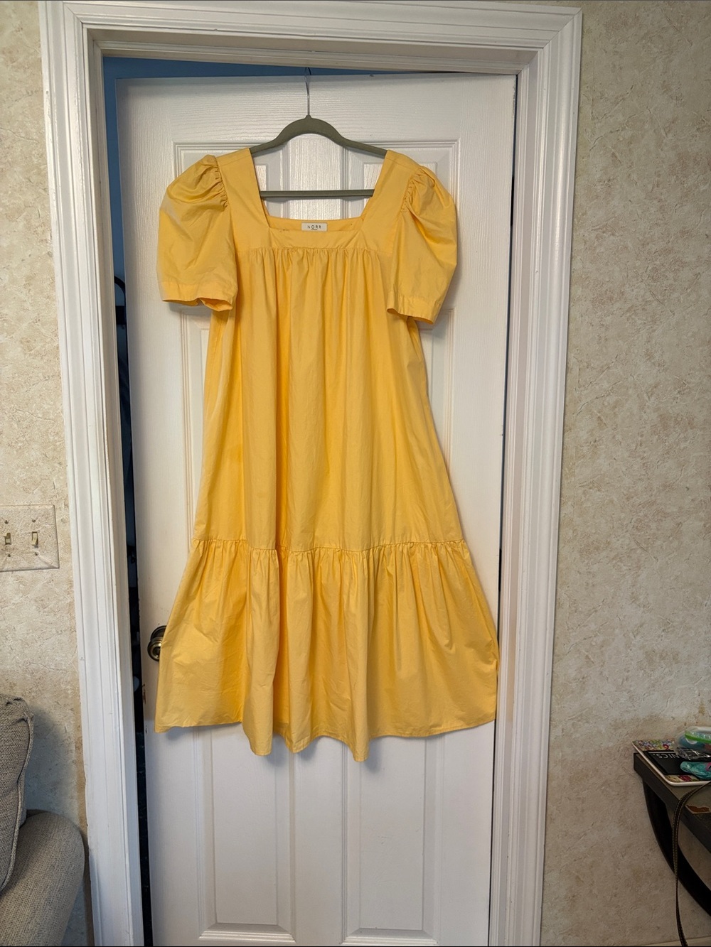 NORR Yellow Puff-Sleeve Square-Neck Midi Dress